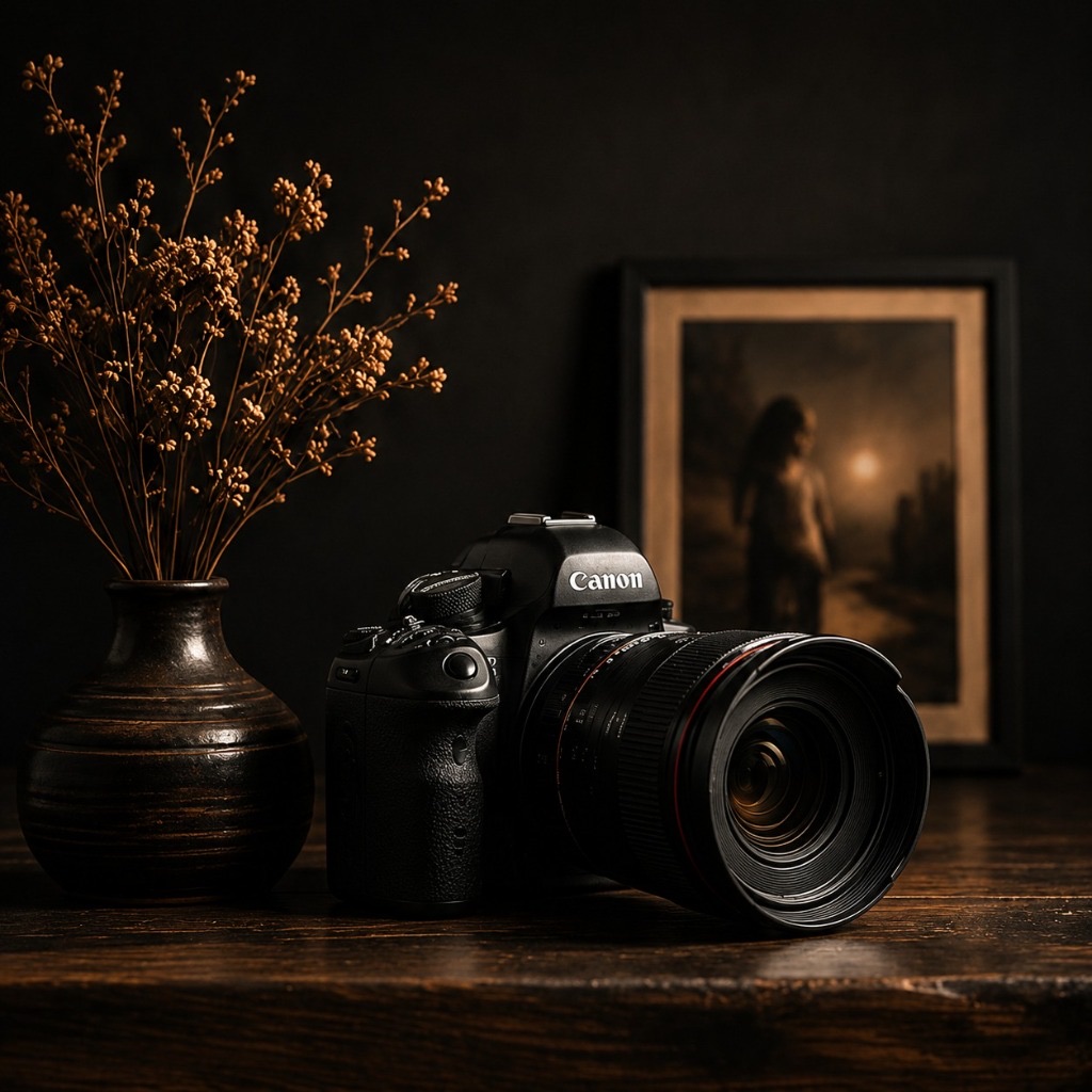 Canon Camera with Botanical Vase and Framed Portrait in Studio