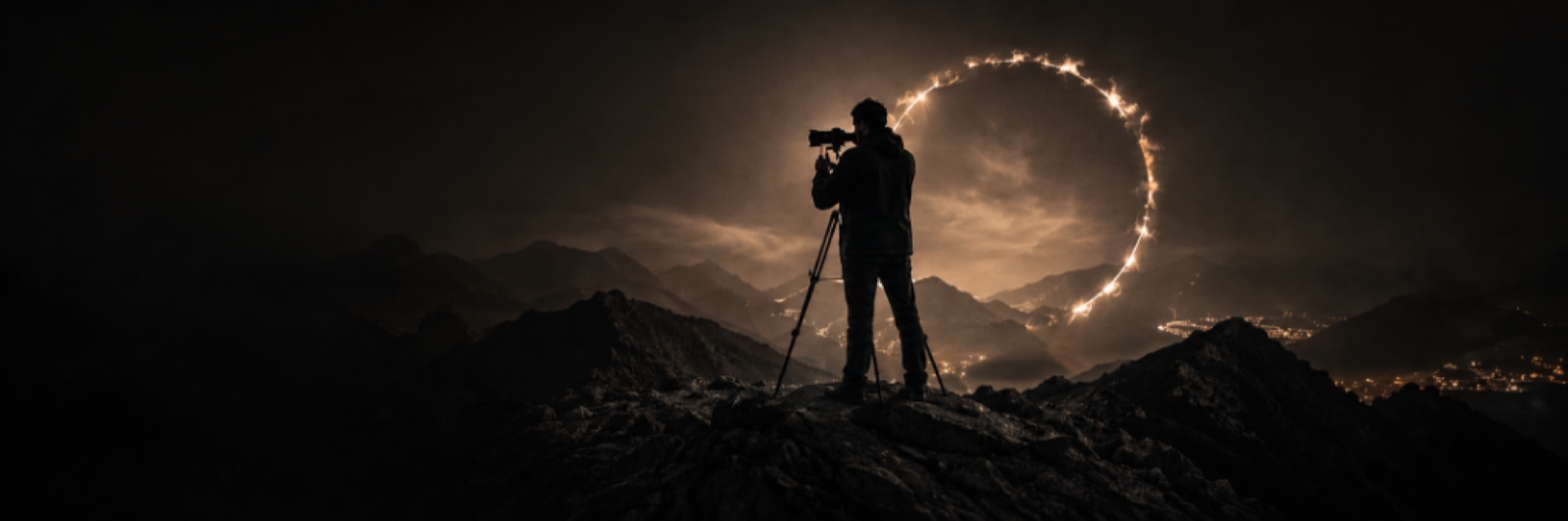 Photographer on mountain summit with glowing light ring