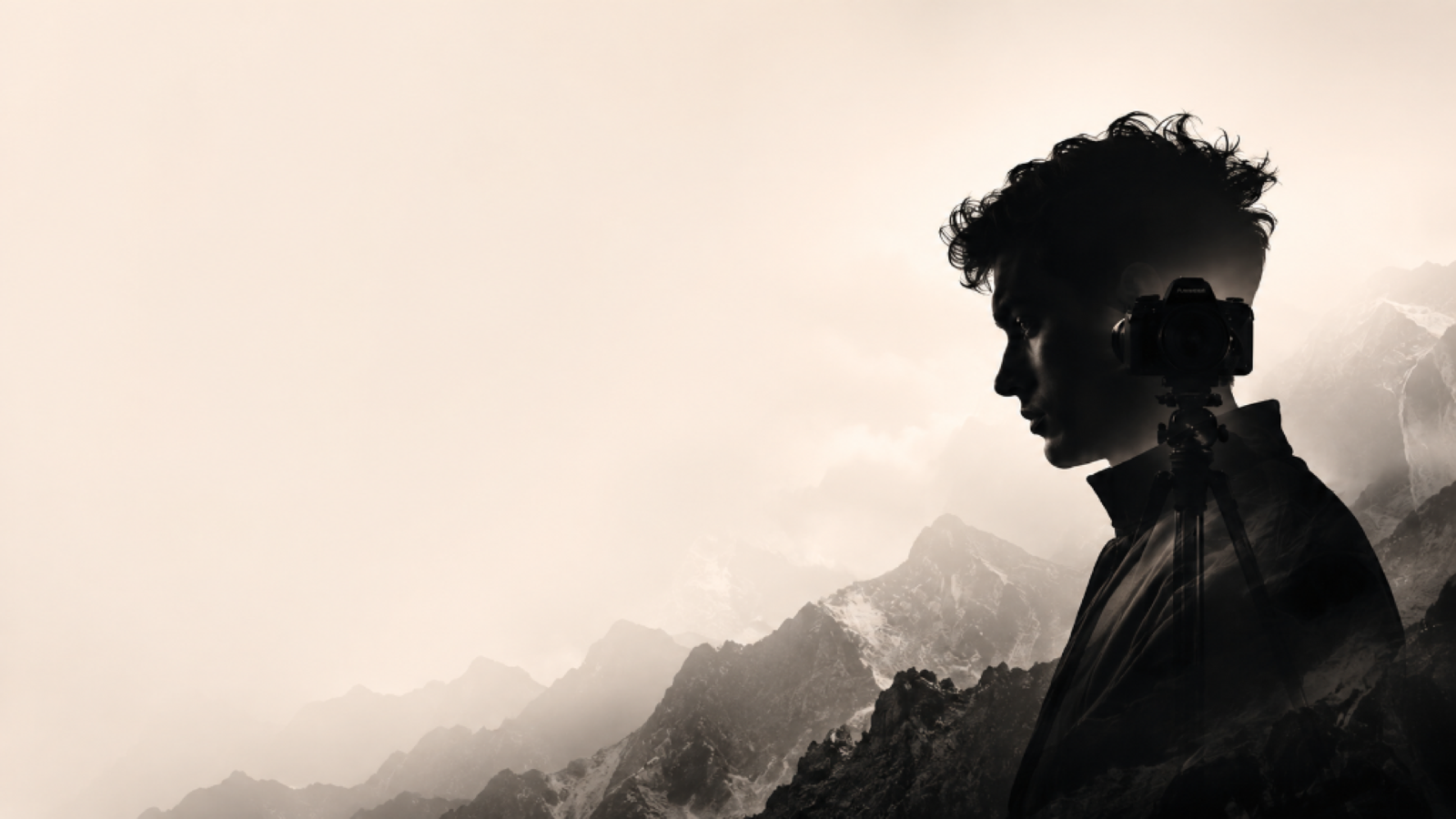 Double Exposure Photographer Portrait over mountain ranges