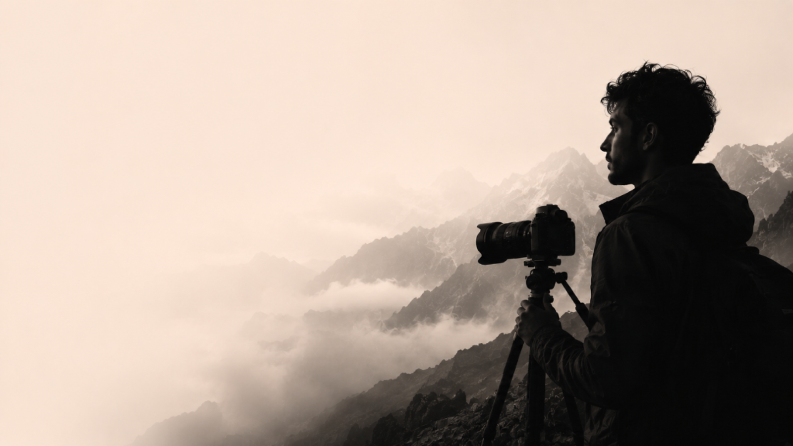 Male Photographer with Camera on Tripod overlooking mountain peaks